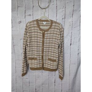 J. Crew Tweed Lady Tan Cardigan Sweater w Pockets Gold Tone Buttons Sz XL